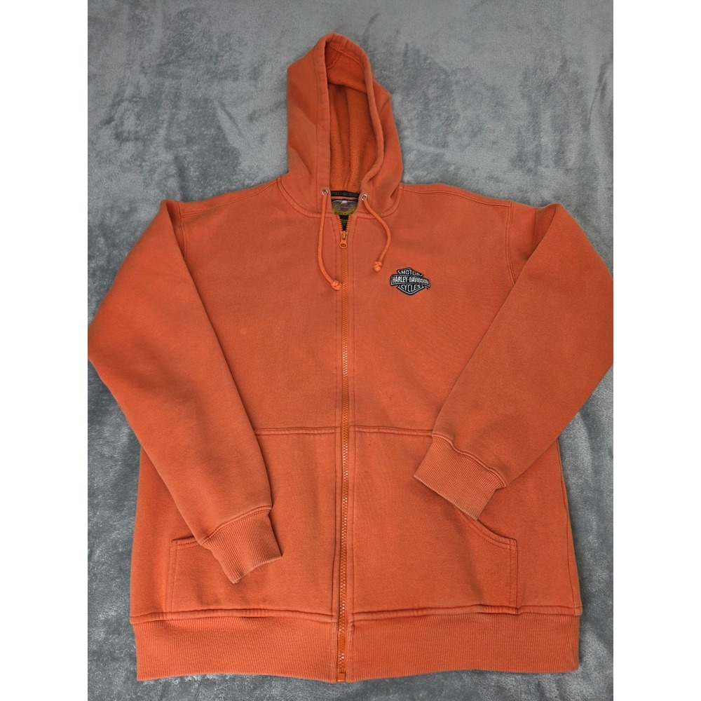 Harley-Davidson Mens Small Orange Embroidered Bar & Shield Zip Up Hoodie Fleece